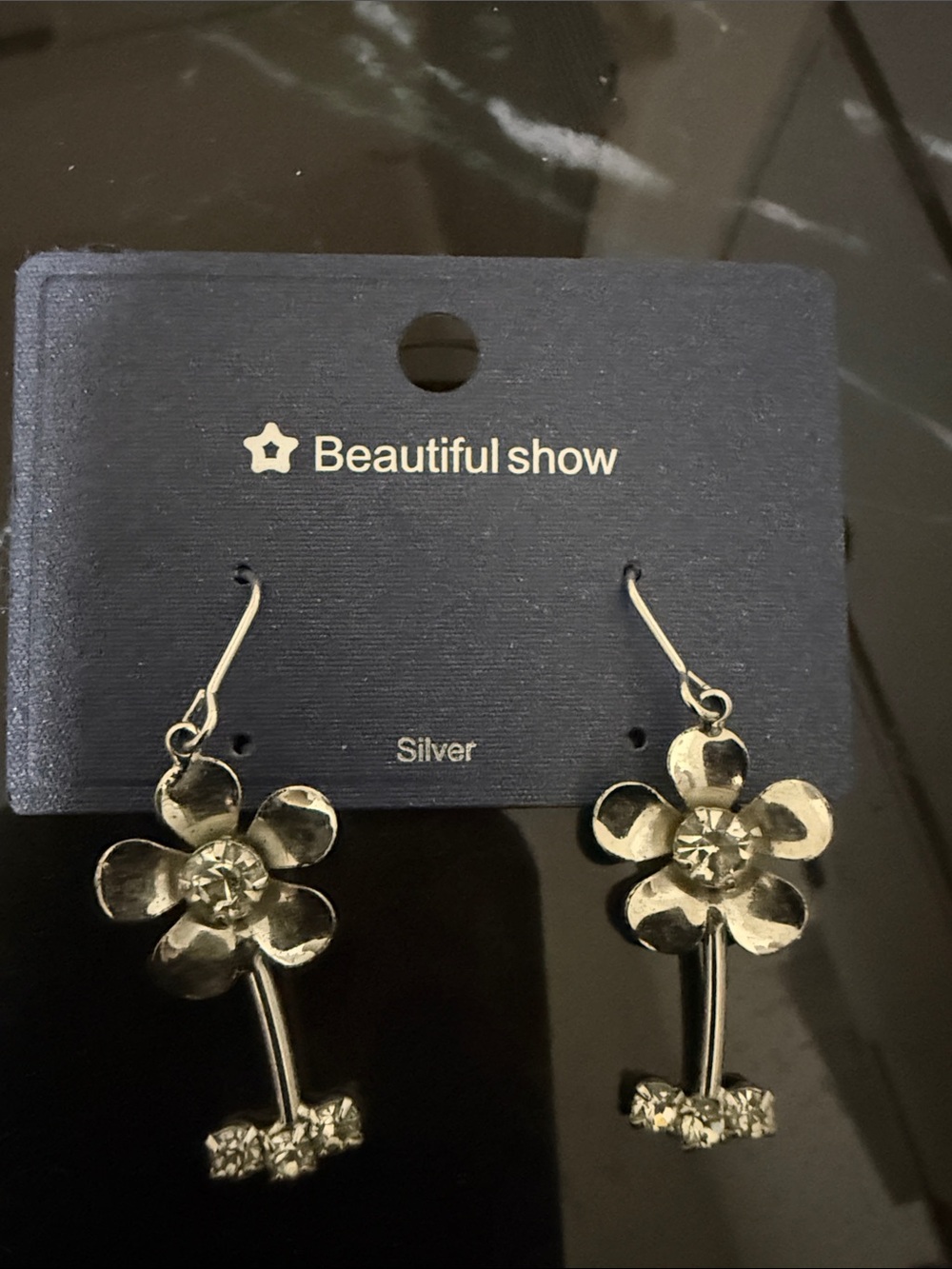 Beautiful Show Silver Flower Drop Earrings with Crystals
